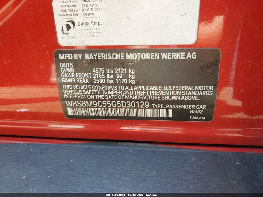 2016 BMW M3 VIN WBS8M9C55G5D30129 IAAI salvage auction — UNDERCARRIAGE, Wait Title, sold $19,050 on 2026-08-27 (photo 9)