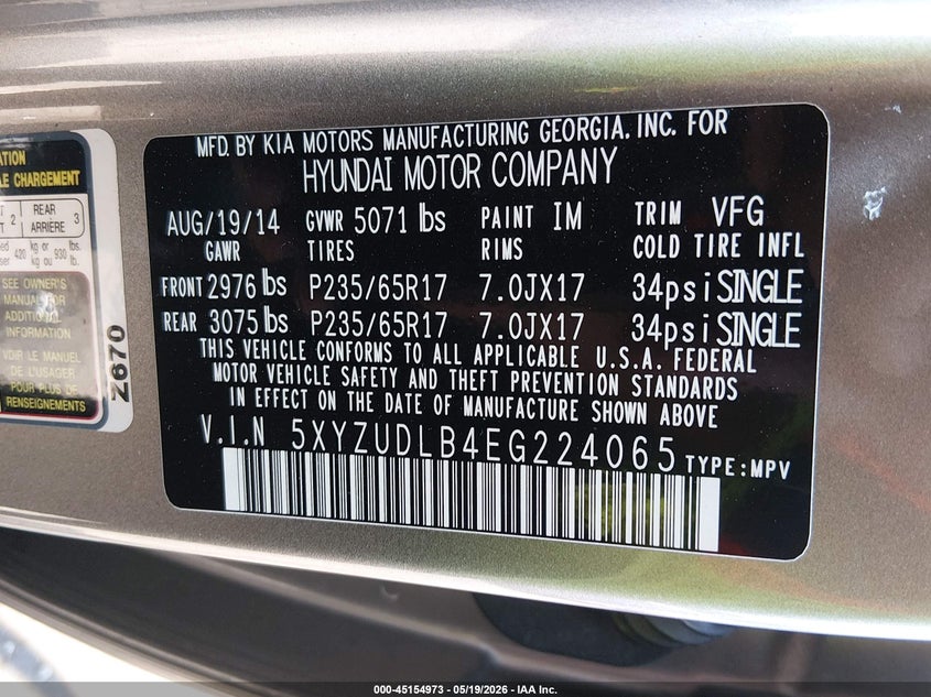 2014 Hyundai Santa fe VIN 5XYZUDLB4EG224065 IAAI salvage auction — RIGHT FRONT, Salvage (New Jersey), sold $25 on 2026-07-31 (photo 9)