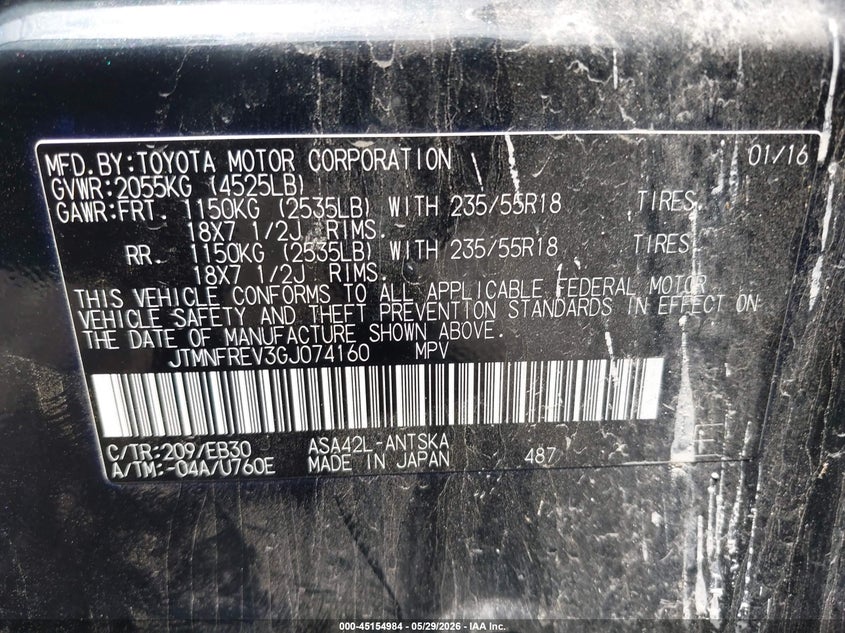 2016 Toyota VIN JTMNFREV3GJ074160 IAAI salvage auction — RIGHT FRONT, Salvage Title, sold $6,800 on 2026-07-14 (photo 9)