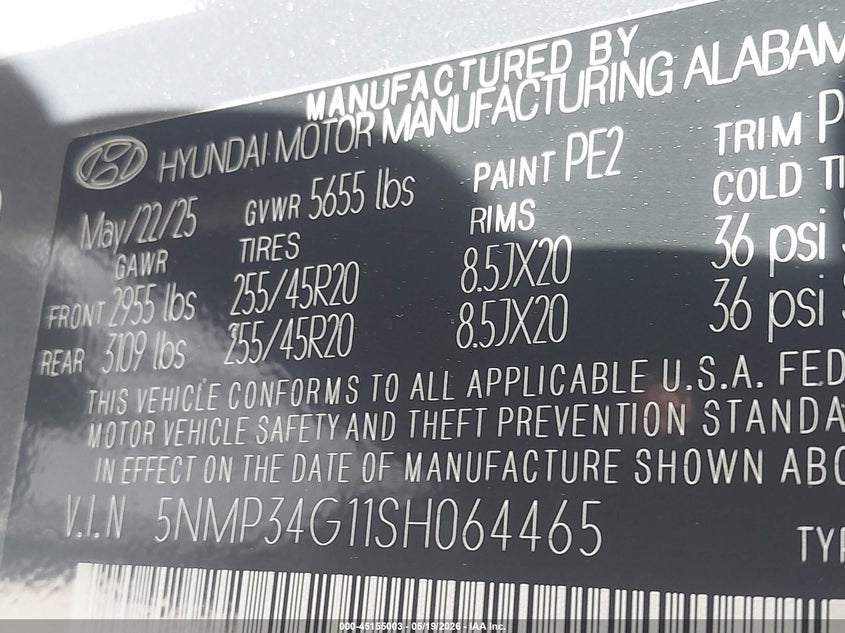 2025 Hyundai Santa fe VIN 5NMP34G11SH064465 IAAI salvage auction — FRONT END, Original (Texas), sold $14,000 on 2026-08-25 (photo 9)