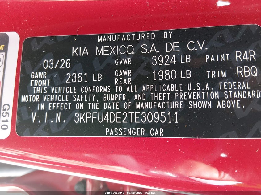 2026 Kia K4 VIN 3KPFU4DE2TE309511 IAAI salvage auction — REAR END, Salvage (Tennessee), sold $8,500 on 2026-07-28 (photo 9)