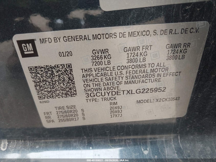 2020 Chevrolet Silverado VIN 3GCUYDETXLG225952 IAAI salvage auction — MECHANICAL, Original (Texas), sold $6,600 on 2026-07-17 (photo 9)