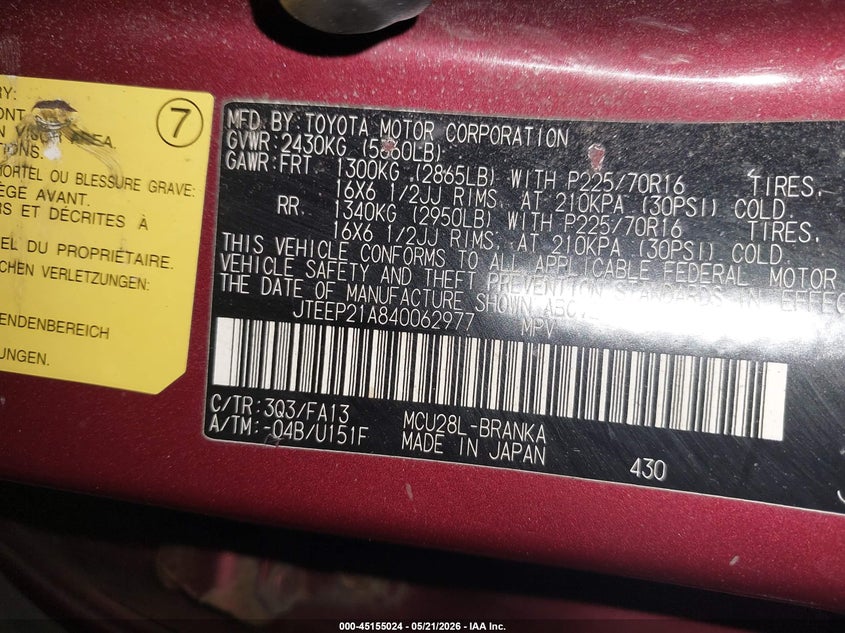 2004 Toyota Highlander VIN JTEEP21A840062977 IAAI salvage auction — ALL OVER, Clear (New York), sold $600 on 2026-07-29 (photo 9)