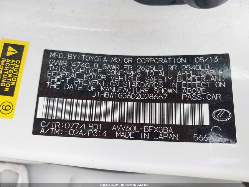 2013 Lexus ES VIN JTHBW1GG6D2028667 IAAI salvage auction — RIGHT FRONT, Salvage (Missouri), sold $2,350 on 2026-07-22 (photo 9)