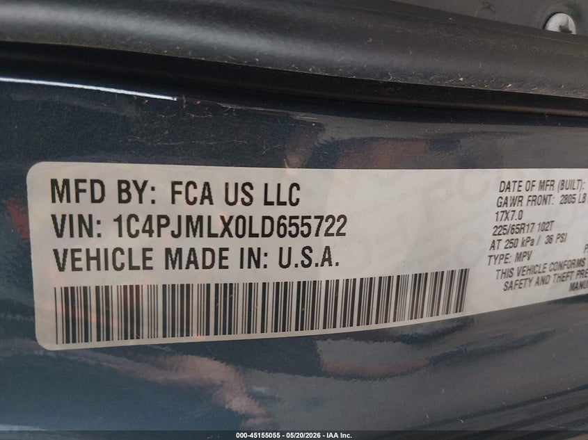 2020 Jeep Cherokee VIN 1C4PJMLX0LD655722 IAAI salvage auction — SIDE, Original (Texas), sold $4,675 on 2026-07-18 (photo 9)