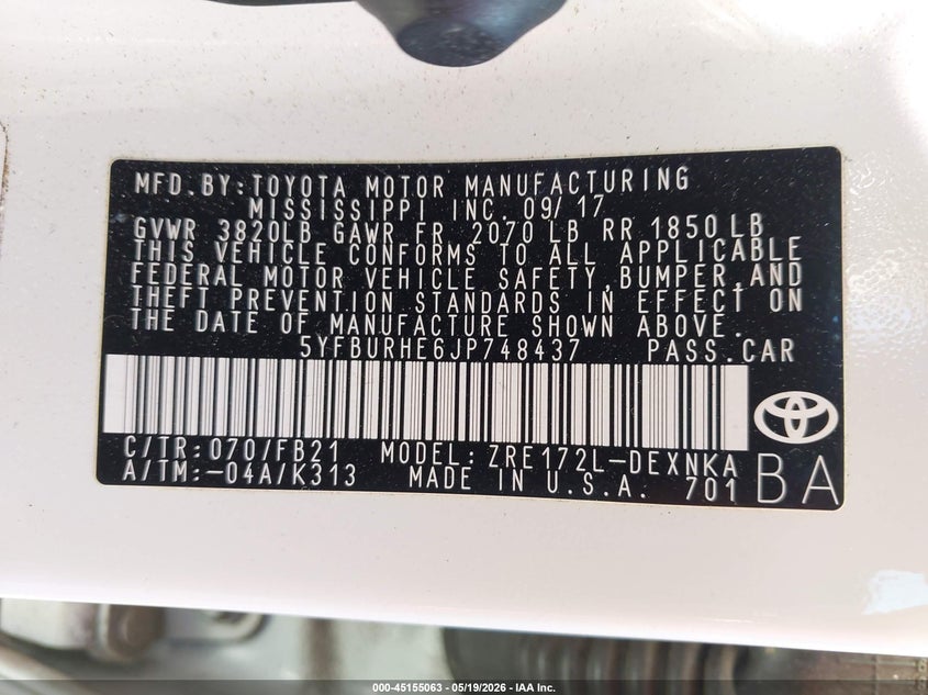 2018 Toyota Corolla VIN 5YFBURHE6JP748437 IAAI salvage auction — FRONT END, Salvage (Virginia), sold $2,750 on 2026-07-09 (photo 9)