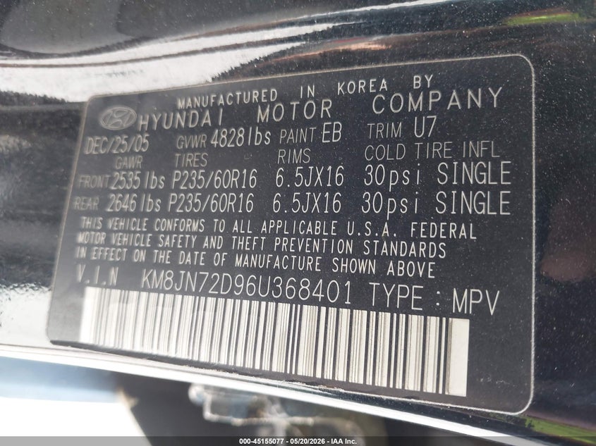 2006 Hyundai Tucson VIN KM8JN72D96U368401 IAAI salvage auction — NORMAL WEAR, Clear (Virginia), sold $350 on 2026-07-14 (photo 9)