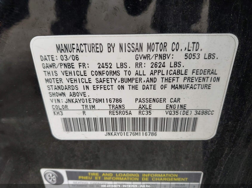 2006 Infiniti M35 VIN JNKAY01E76M116786 IAAI salvage auction — FRONT END, Salvage (Illinois), sold $400 on 2026-07-07 (photo 9)