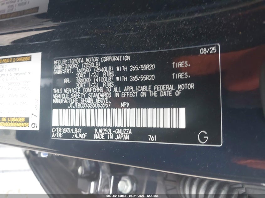 2025 Lexus Gx VIN JTJTBCDX6S5063557 IAAI salvage auction — RIGHT SIDE, Salvage Title, sold $44,500 on 2026-08-10 (photo 9)