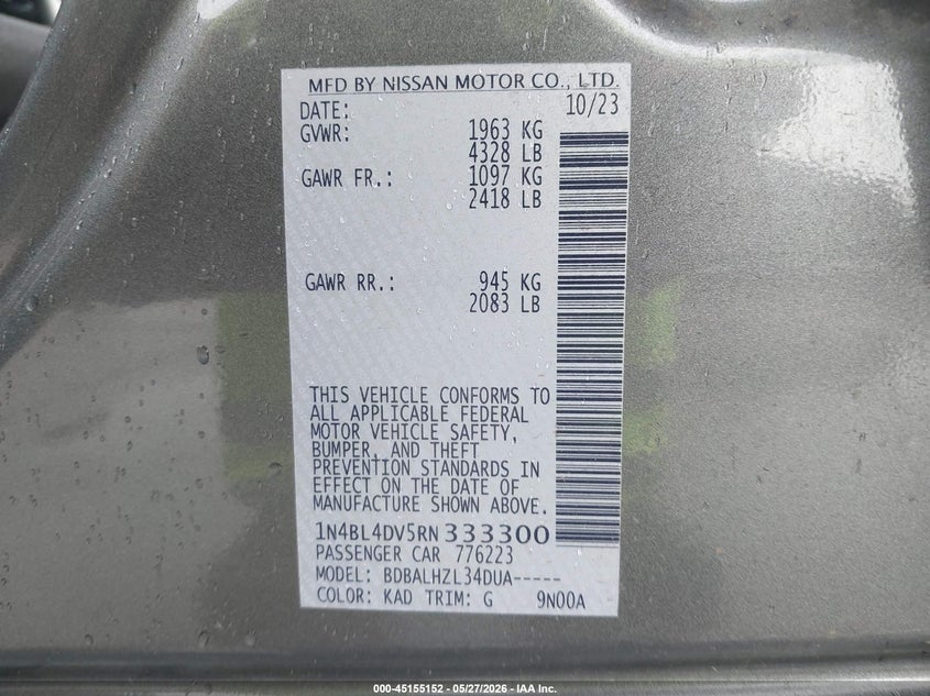 2024 Nissan Altima VIN 1N4BL4DV5RN333300 IAAI salvage auction — REAR END, Clear (Oklahoma), sold $6,600 on 2026-08-01 (photo 9)