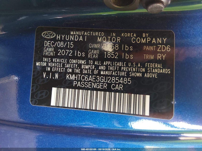 2016 Hyundai Veloster VIN KMHTC6AE3GU285485 IAAI salvage auction — RIGHT FRONT, Salvage Title, sold $1,050 on 2026-07-30 (photo 9)