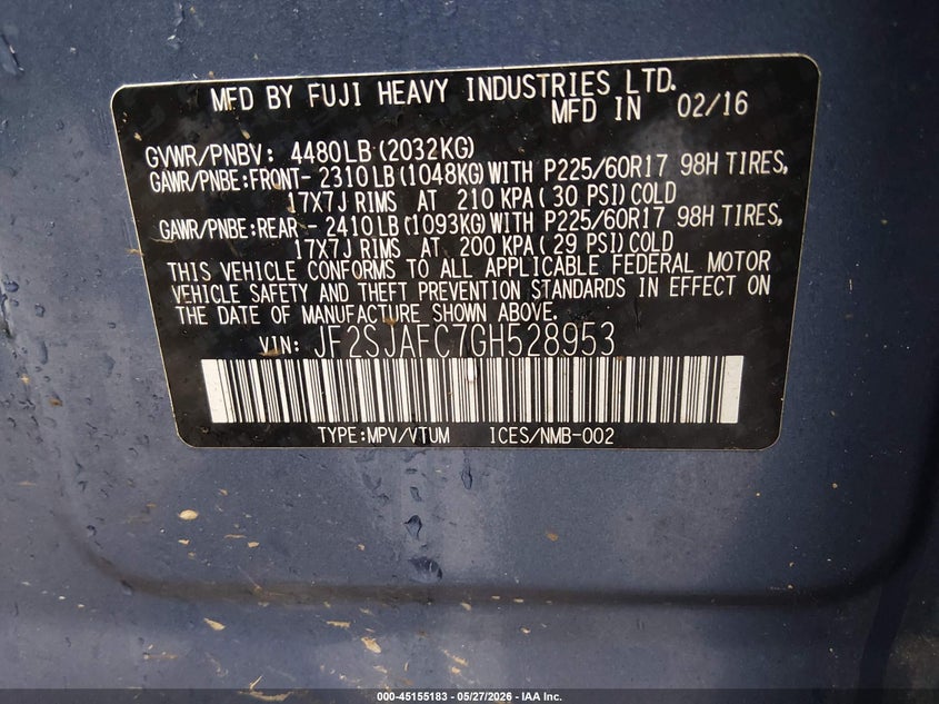 2016 Subaru Forester VIN JF2SJAFC7GH528953 IAAI salvage auction — FRONT END, Salvage (West Virginia), sold $1,600 on 2026-07-11 (photo 9)