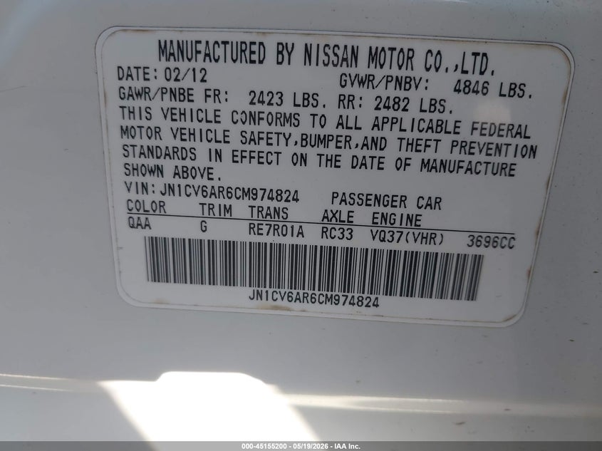 2012 Infiniti G VIN JN1CV6AR6CM974824 IAAI salvage auction — FRONT END, Salvage (North Carolina), sold $475 on 2026-07-20 (photo 9)