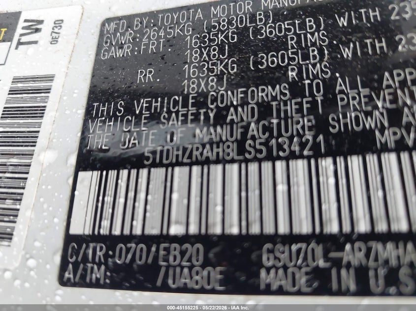 2020 Toyota Highlander VIN 5TDHZRAH8LS513421 IAAI salvage auction — FRONT END, Salvage (Arkansas), sold $10,750 on 2026-07-22 (photo 9)