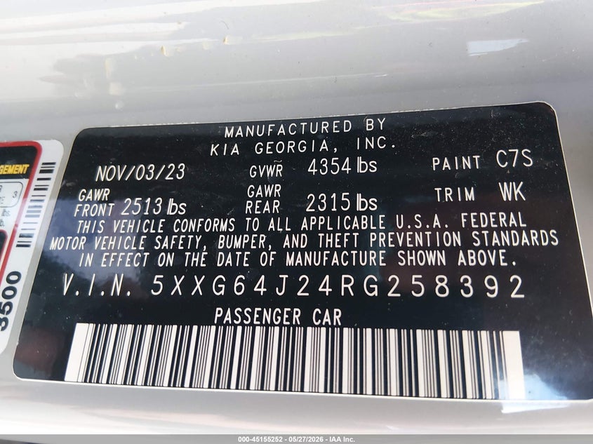 2024 Kia K5 VIN 5XXG64J24RG258392 IAAI salvage auction — FRONT END, Salvage Title, sold $10,750 on 2026-07-16 (photo 9)