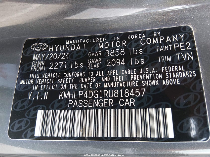 2024 Hyundai Elantra VIN KMHLP4DG1RU818457 IAAI salvage auction — FRONT END, Salvage (Mississippi), sold $5,900 on 2026-07-23 (photo 9)