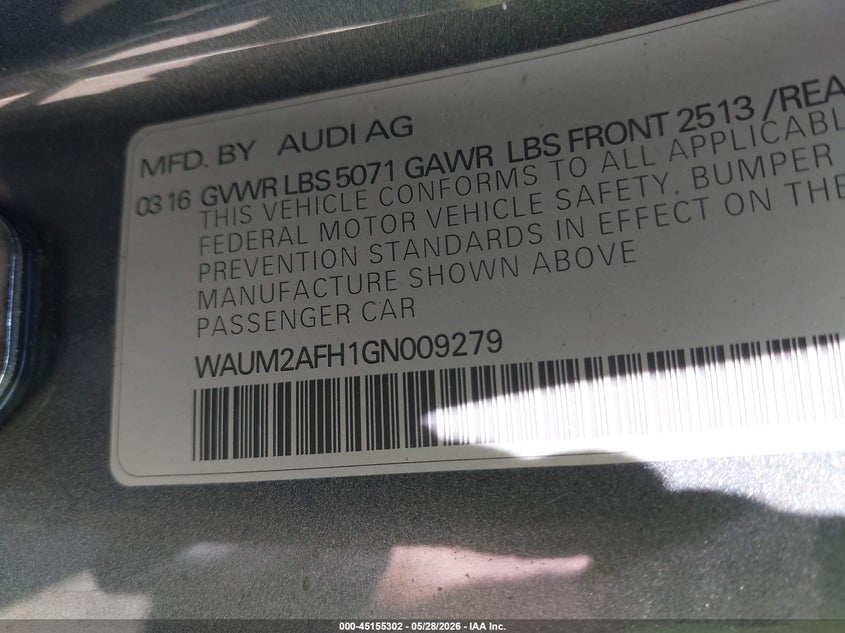 2016 Audi A5 VIN WAUM2AFH1GN009279 IAAI salvage auction — RIGHT FRONT, Clear (Michigan), sold $3,625 on 2026-07-09 (photo 9)