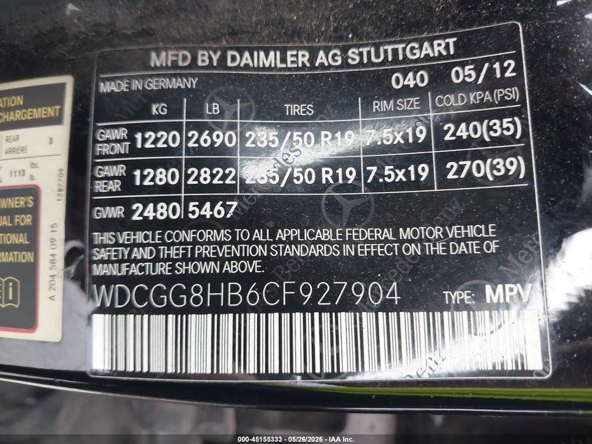 2012 Mercedes-benz Glk-klasse VIN WDCGG8HB6CF927904 IAAI salvage auction — HAIL, Clear (Missouri), sold $2,550 on 2026-08-10 (photo 9)