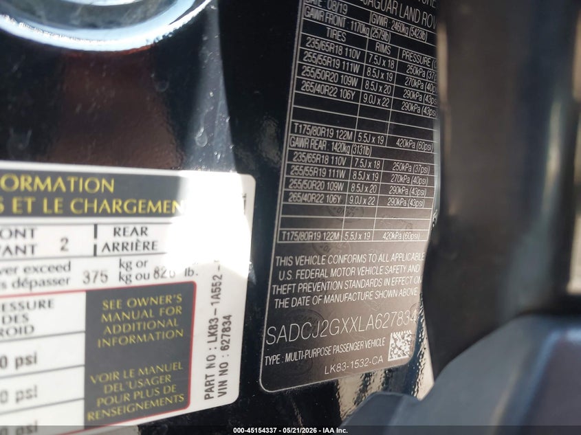 2020 Jaguar F-pace VIN SADCJ2GXXLA627834 IAAI salvage auction — REAR END, Salvage (Indiana), sold $7,050 on 2026-07-14 (photo 9)