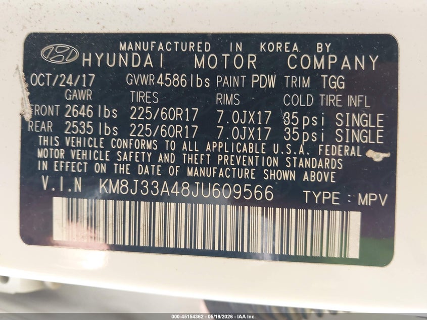 2018 Hyundai Tucson VIN KM8J33A48JU609566 IAAI salvage auction — ROLLOVER, Salvage (North Carolina), sold $2,450 on 2026-07-09 (photo 9)