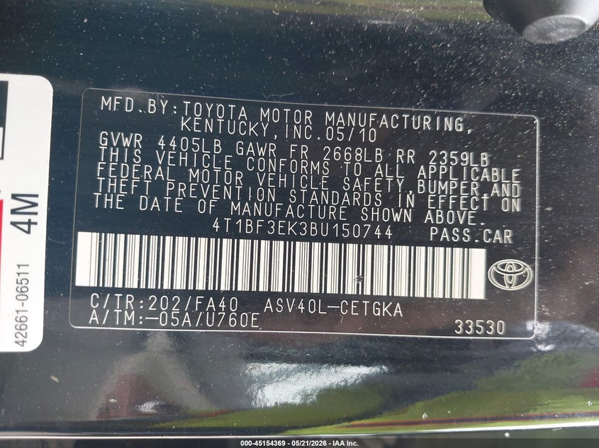2011 Toyota Camry VIN 4T1BF3EK3BU150744 IAAI salvage auction — LEFT FRONT, Salvage - Greater Than 75% (Maryland), sold $1,050 on 2026-07-11 (photo 9)