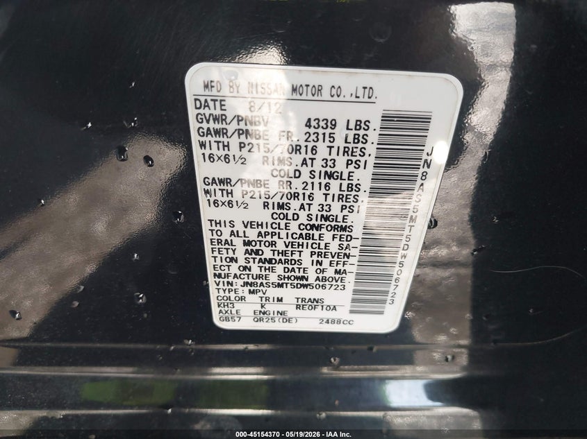 2013 Nissan Rogue VIN JN8AS5MT5DW506723 IAAI salvage auction — FRONT END, Salvage (North Carolina), sold $575 on 2026-07-30 (photo 9)