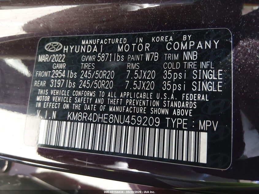 2022 Hyundai Palisade VIN KM8R4DHE8NU459209 IAAI salvage auction — FRONT END, Salvage (New Jersey), sold $6,300 on 2026-07-27 (photo 9)