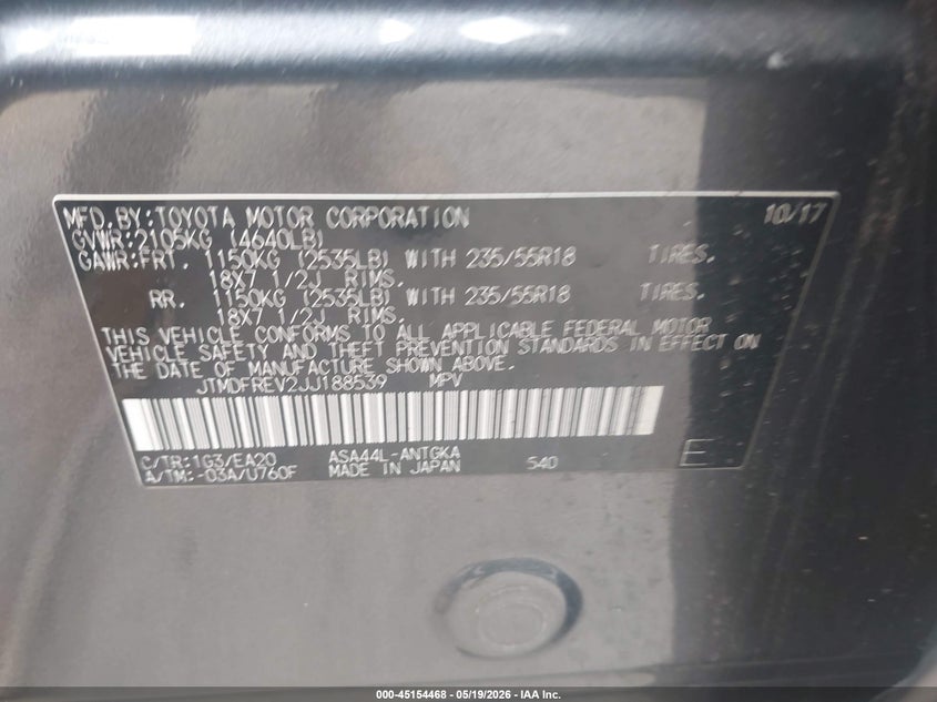 2018 Toyota Rav 4 VIN JTMDFREV2JJ188539 IAAI salvage auction — REAR END, Salvage (Massachusetts), sold $6,750 on 2026-07-24 (photo 9)
