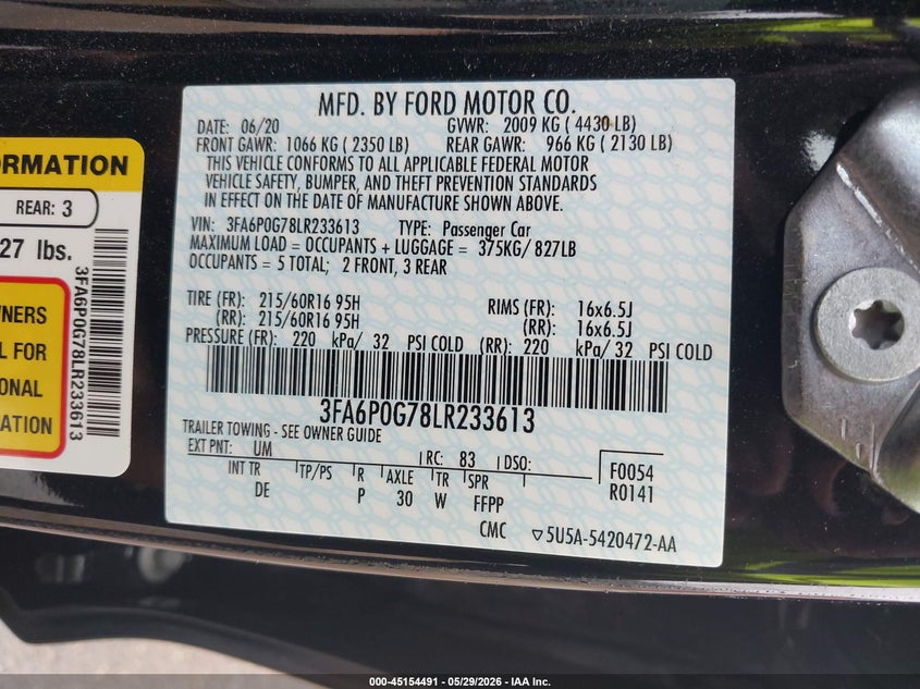 2020 Ford Fusion VIN 3FA6P0G78LR233613 IAAI salvage auction — NORMAL WEAR, Sf97 (Mississippi), sold $11,050 on 2026-07-16 (photo 9)