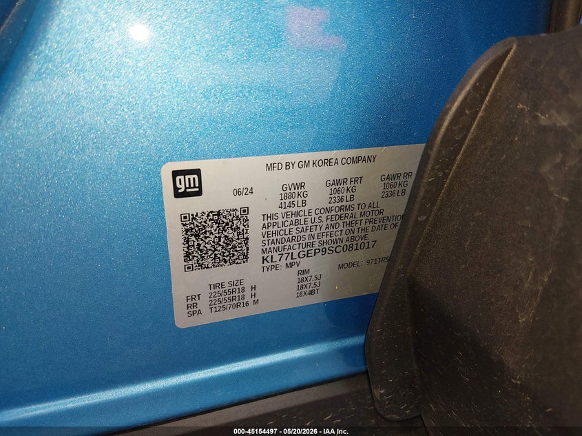 2025 Chevrolet Trax VIN KL77LGEP9SC081017 IAAI salvage auction — HAIL, Salvage (Kansas), sold $10,125 on 2026-07-31 (photo 9)