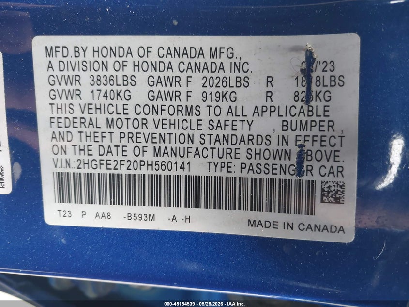 2023 Honda Civic VIN 2HGFE2F20PH560141 IAAI salvage auction — RIGHT FRONT, Wait Title, sold $8,600 on 2026-08-22 (photo 9)