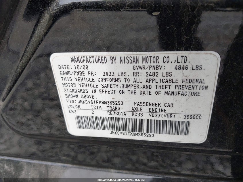 2009 Infiniti G37 VIN JNKCV61FX9M365293 IAAI salvage auction — FRONT END, Mv-907A (New York), sold $600 on 2026-07-14 (photo 9)