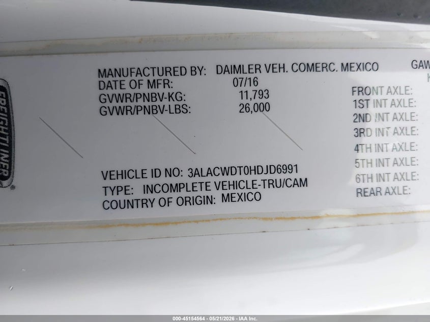 2017 Freightliner M2 106 VIN 3ALACWDT0HDJD6991 IAAI salvage auction — FRONT END, Original (West Virginia), sold $13,250 on 2026-08-26 (photo 8)