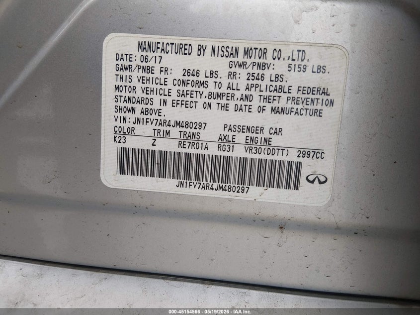 2018 Infiniti Q50 VIN JN1FV7AR4JM480297 IAAI salvage auction — FRONT END, Salvage (Ohio), sold $5,050 on 2026-07-15 (photo 9)