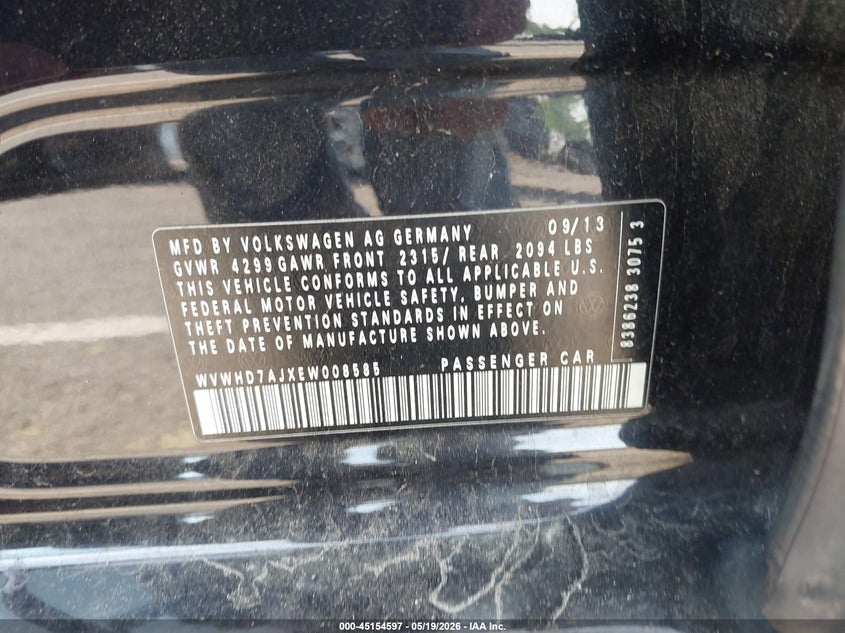 2014 Volkswagen Gti VIN WVWHD7AJXEW008585 IAAI salvage auction — FRONT END, Salvage (New Jersey), sold $2,475 on 2026-08-10 (photo 9)