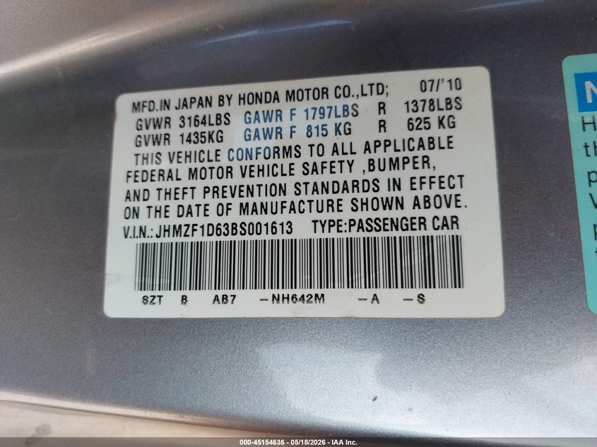 2011 Honda Cr-z VIN JHMZF1D63BS001613 IAAI salvage auction — FRONT END, Rebuilt (Oklahoma), sold $400 on 2026-07-15 (photo 9)