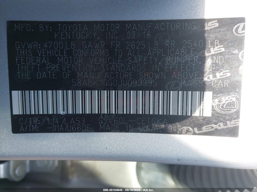 2018 Lexus ES VIN 58ABK1GG0JU099395 IAAI salvage auction — FRONT & REAR, Salvage (Georgia), sold $9,800 on 2026-07-10 (photo 9)