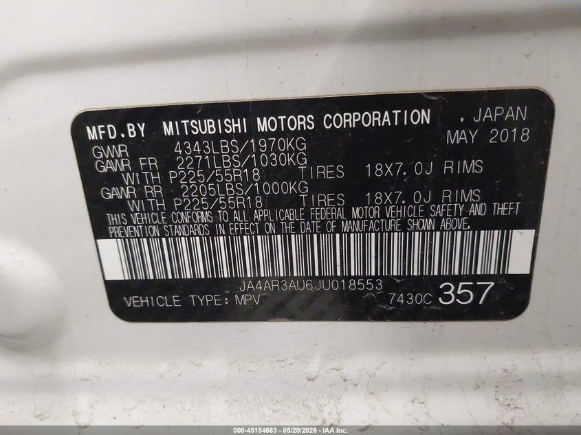2018 Mitsubishi Outlander VIN JA4AR3AU6JU018553 IAAI salvage auction — FRONT END, Salvage (Minnesota), sold $2,500 on 2026-07-28 (photo 9)