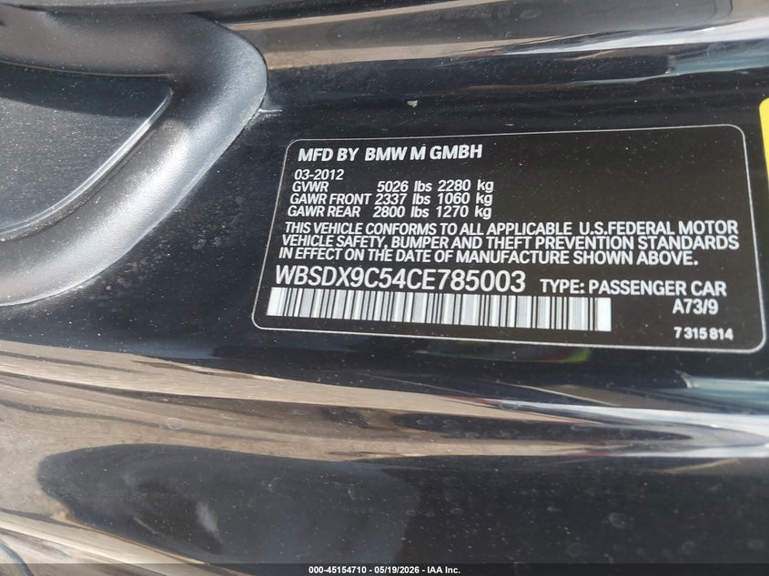 2012 BMW M3 VIN WBSDX9C54CE785003 IAAI salvage auction — FRONT END, Original (Texas), sold $10,300 on 2026-07-29 (photo 9)