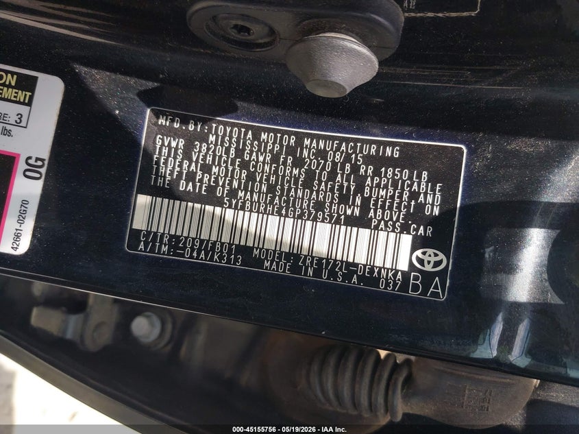 2016 Toyota Corolla VIN 5YFBURHE4GP379571 IAAI salvage auction — REAR END, Salvage (Georgia), sold $2,725 on 2026-07-07 (photo 9)