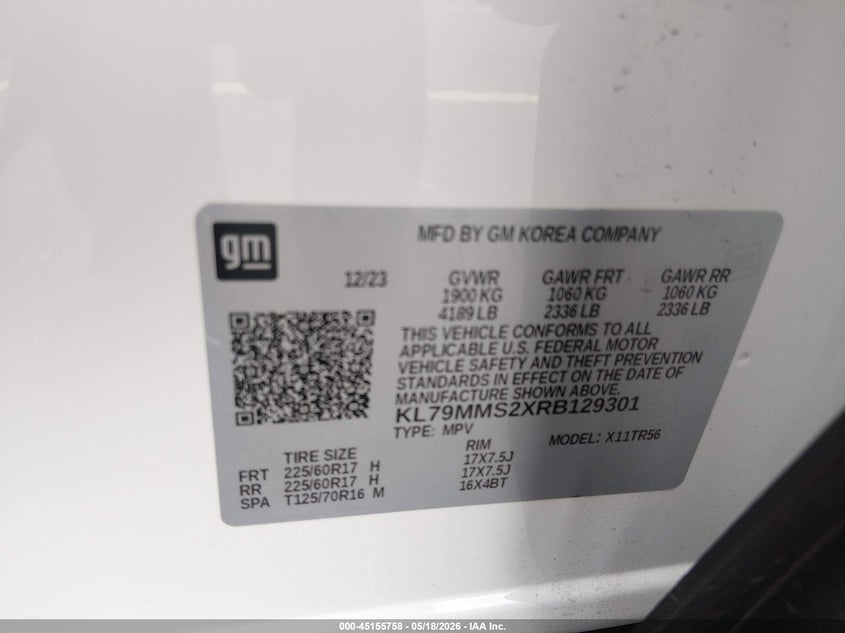 2024 Chevrolet Trailblazer VIN KL79MMS2XRB129301 IAAI salvage auction — FRONT END, Rebuildable (Florida), sold $75 on 2026-07-30 (photo 9)