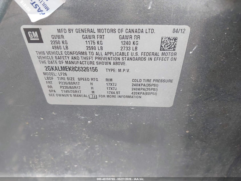 2012 Gmc Terrain VIN 2GKALMEK8C6326156 IAAI salvage auction — FRONT END, Salvage Title, sold $325 on 2026-07-09 (photo 9)