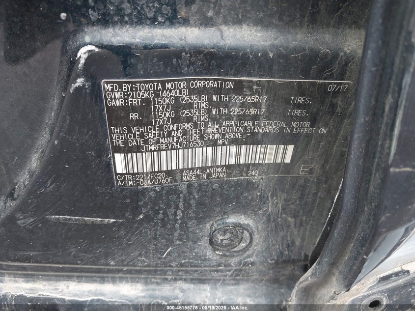 2017 Toyota Rav 4 VIN JTMRFREV7HJ716530 IAAI salvage auction — FRONT END, Salvage (Illinois), sold $5,100 on 2026-07-14 (photo 9)