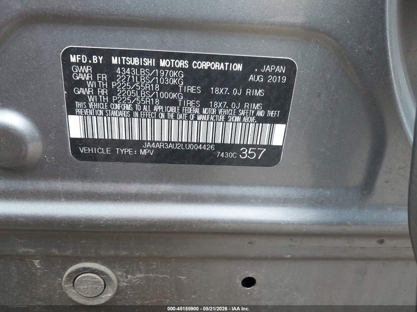 2020 Mitsubishi Outlander VIN JA4AR3AU2LU004426 IAAI salvage auction — FRONT END, Salvage (Texas), sold $3,150 on 2026-07-14 (photo 9)