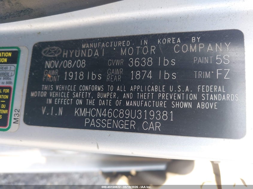 2009 Hyundai Accent VIN KMHCN46C89U319381 IAAI salvage auction — FRONT END, Salvage (Georgia), sold $300 on 2026-07-08 (photo 9)