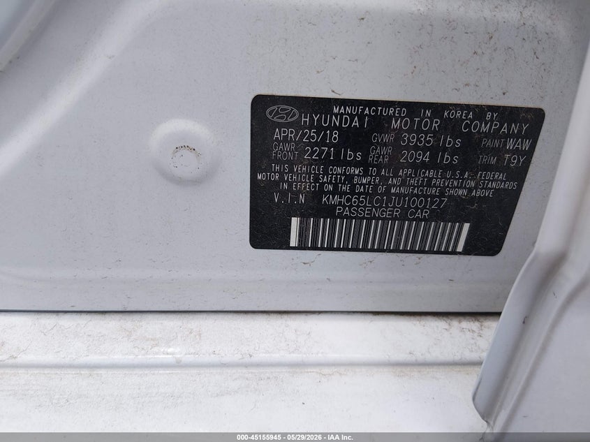 2018 Hyundai Ioniq hybrid VIN KMHC65LC1JU100127 IAAI salvage auction — NORMAL WEAR, Sf97 (Oklahoma), sold $9,000 on 2026-07-09 (photo 9)