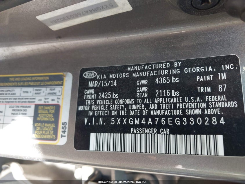 2014 Kia Optima VIN 5XXGM4A76EG330284 IAAI salvage auction — FRONT END, Salvage (South Carolina), sold $675 on 2026-07-22 (photo 9)