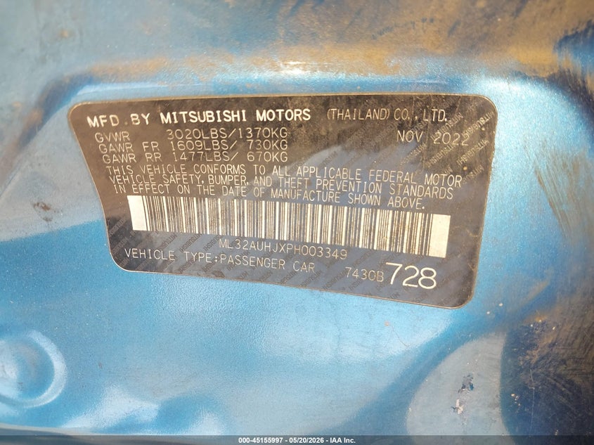 2023 Mitsubishi Mirage VIN ML32AUHJXPH003349 IAAI salvage auction — LEFT SIDE, Salvage (Georgia), sold $2,275 on 2026-07-06 (photo 9)