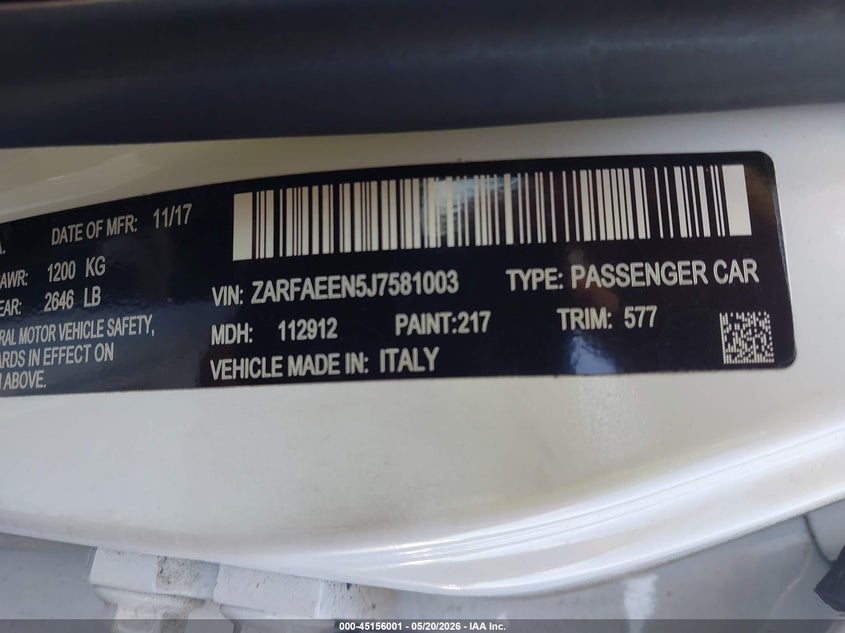 2018 Alfa romeo Giulia VIN ZARFAEEN5J7581003 IAAI salvage auction — RIGHT FRONT, Salvage (Tennessee), sold $625 on 2026-07-29 (photo 9)
