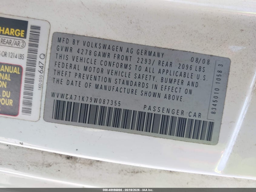 2009 Volkswagen Rabbit VIN WVWBA71K79W087355 IAAI salvage auction — LEFT FRONT, Salvage (Idaho), sold $225 on 2026-07-22 (photo 9)